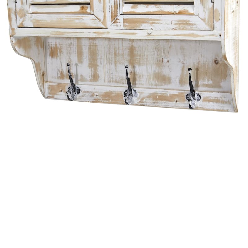 32" White Washed Wall Cabinet with Hooks