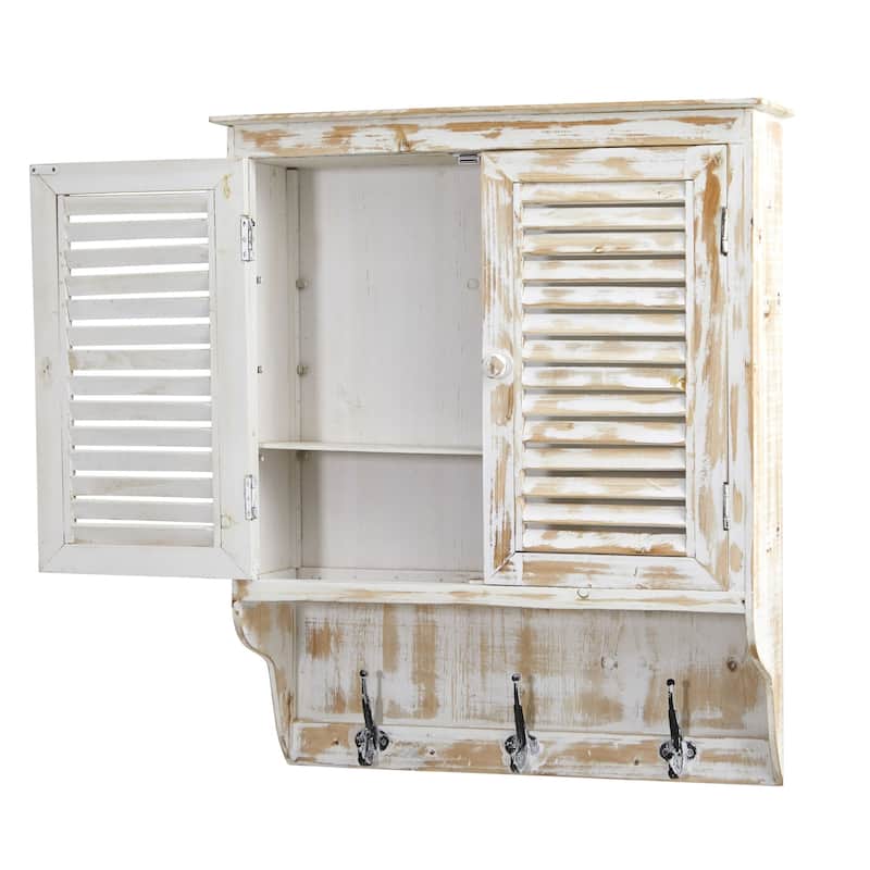 32" White Washed Wall Cabinet with Hooks
