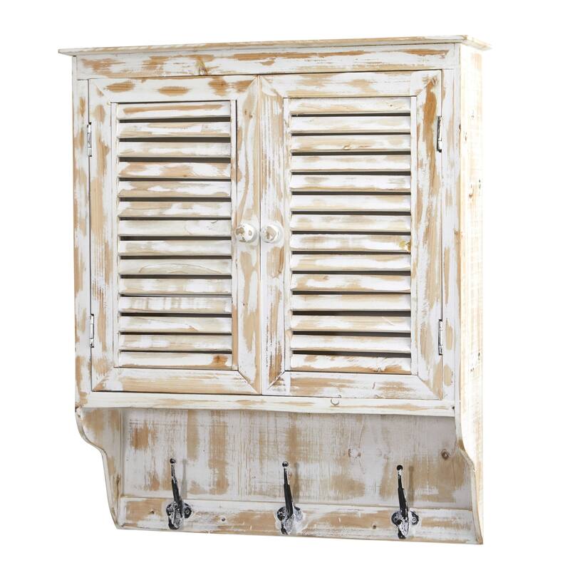 32" White Washed Wall Cabinet with Hooks