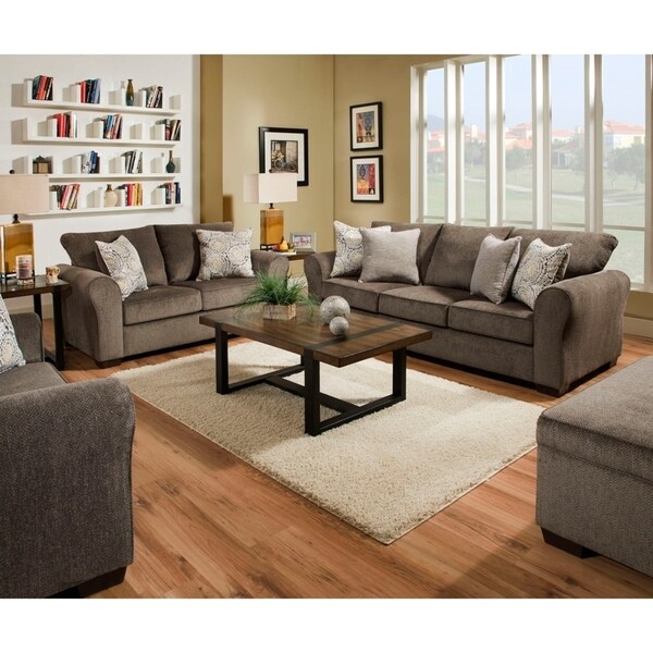 Simmons SOFA & LOVESEAT Tan Fabric w/ Leather & Wood Base Delivery 50 States 