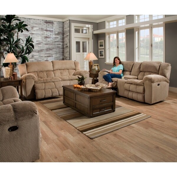 Simmons Upholstery Madeline Sandstone Double Motion Sofa And Loveseat Set