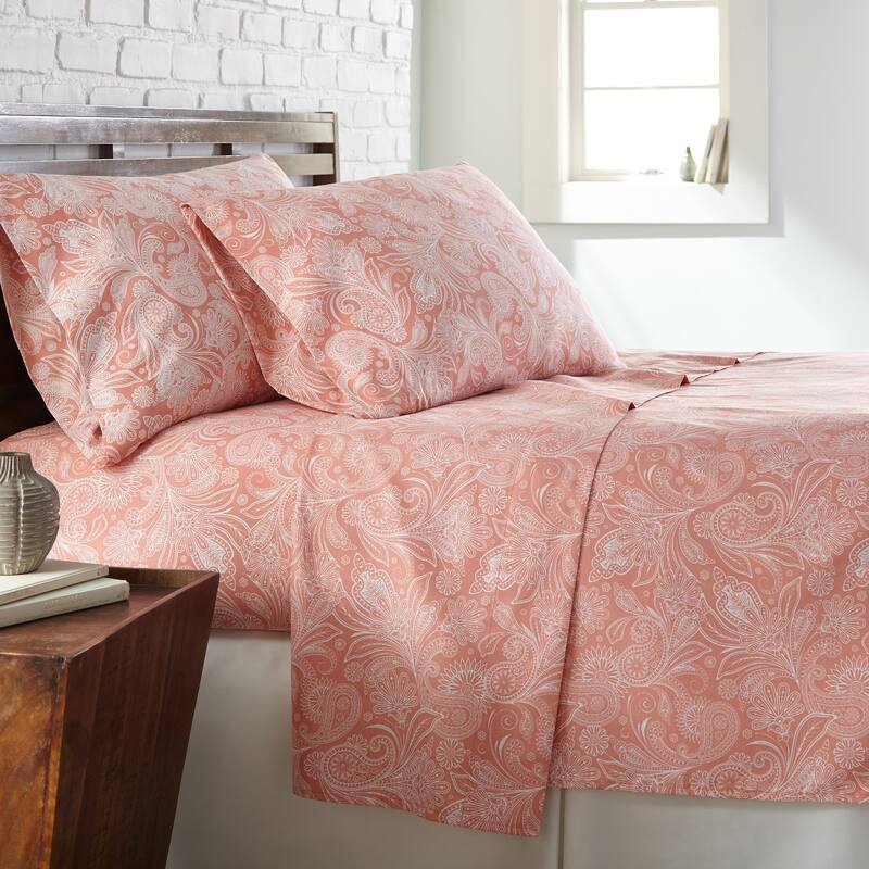 Vilano 4-pc. Deep-pocket Ultra-Soft Perfect Paisley Bedsheet Set - King - coral haze w/ white pasiley