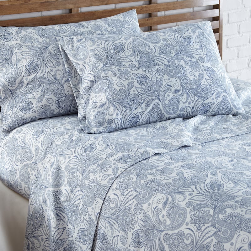 Vilano 4-pc. Deep-pocket Ultra-Soft Perfect Paisley Bedsheet Set - California King - white w blue/ paisley