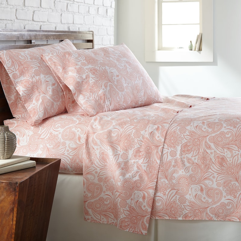 Vilano 4-pc. Deep-pocket Ultra-Soft Perfect Paisley Bedsheet Set - King - white w/ coral haze paisley