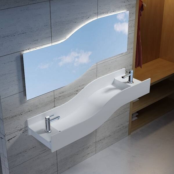 55"Polystone Left Wave Wall-Mount Sink In Glossy Or Matte White Finish-No Faucet - Overstock - 22366817