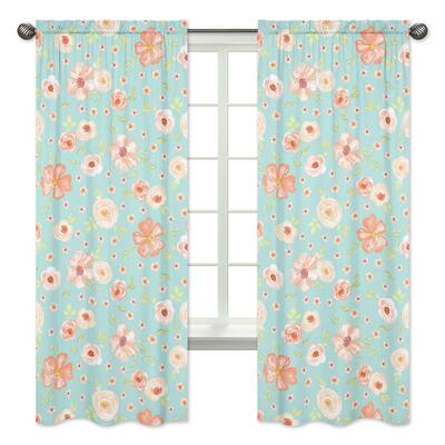 Sweet Jojo Designs Turquoise and Peach Watercolor Floral Collection 84-inch Window Treatment Curtain Panel Pair
