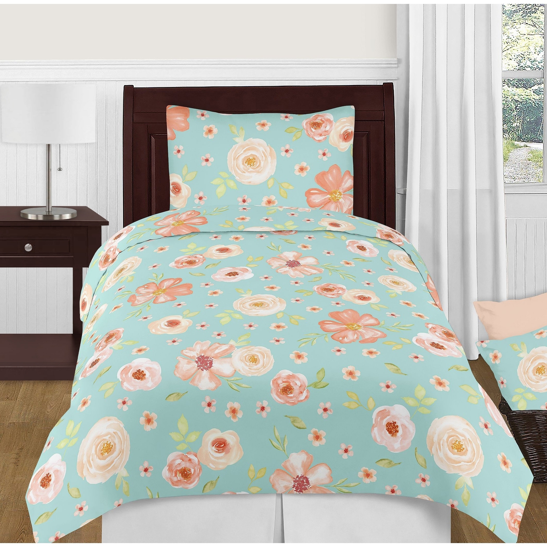 Sweet Jojo Designs Turquoise And Peach Shabby Chic Watercolor Floral Collection Girl 4 Piece Twin Size Comforter Set