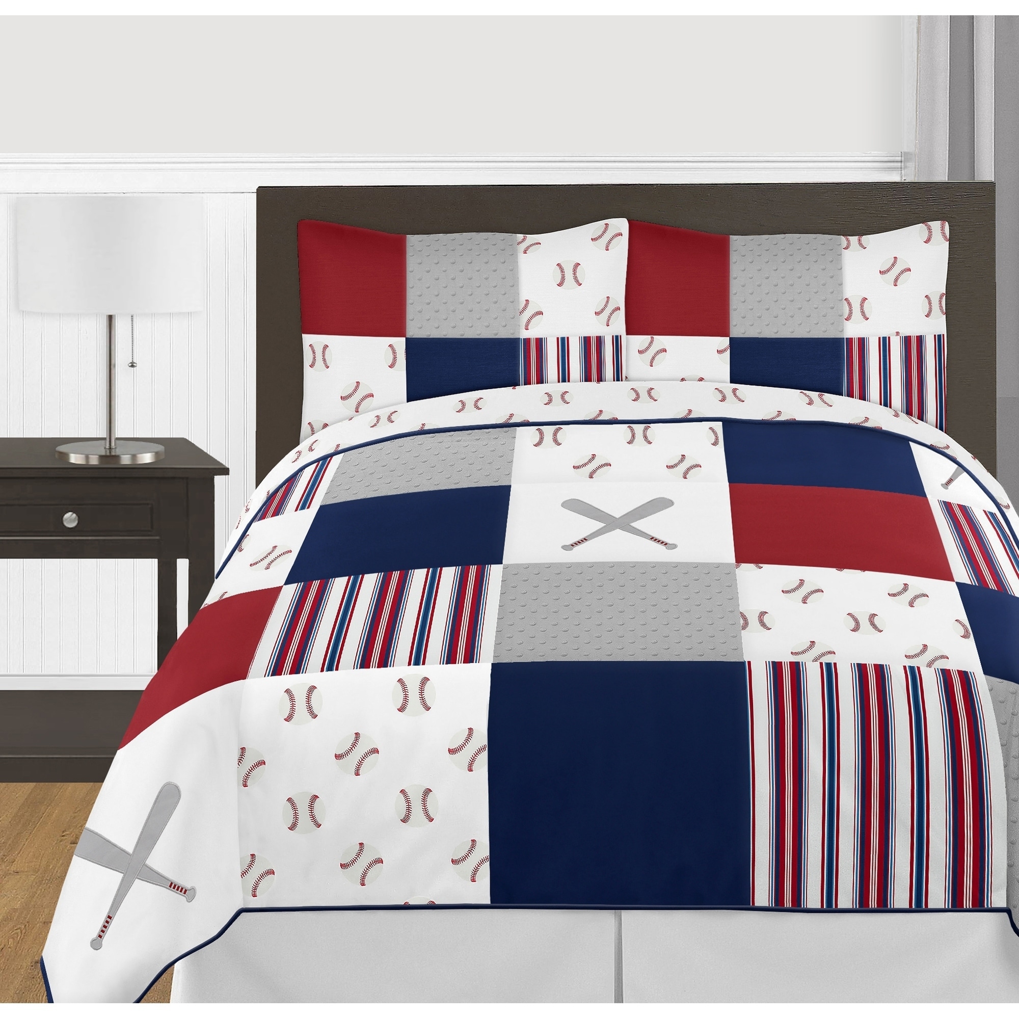 Baseball Bedding Set-Monogram Name-Duvet Cover-Shams-Rugby Stripes-Dark Blue-Red-White-Choose Colors-TwinTwin XL-FullQueen-King-Size