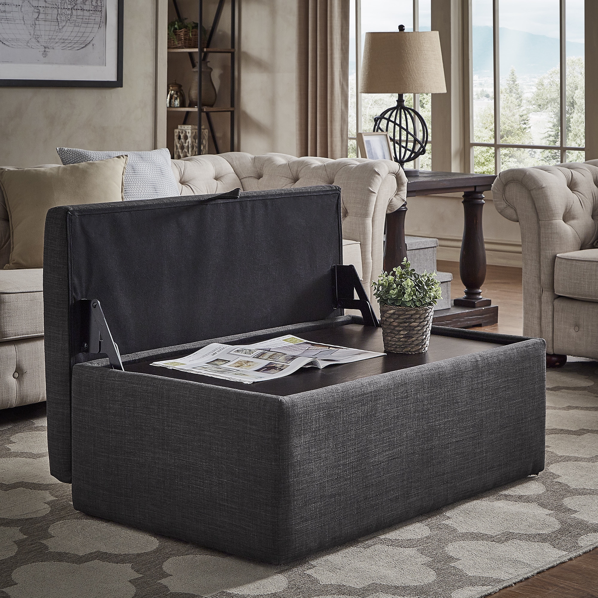 Landen Lift Top Upholstered Storage Ottoman Coffee Table - Storage