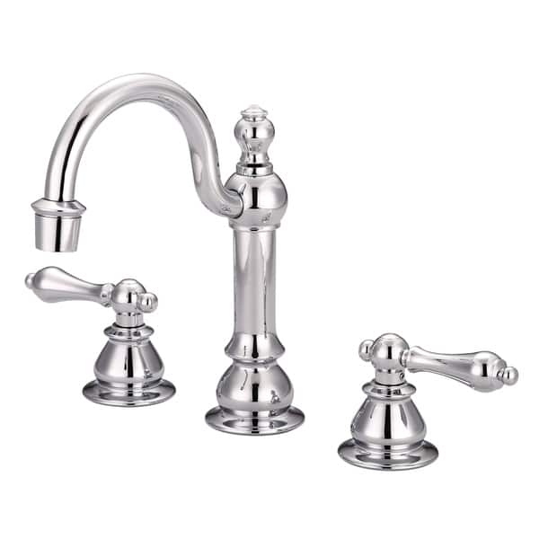 slide 2 of 3, American 20th Century Classic Widespread Lavatory Faucets with Pop-Up Drain in Chrome Finish with Metal Lever Handles metal lever handle