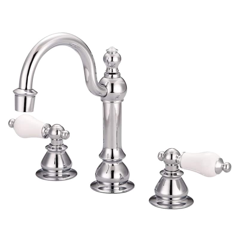 American 20th Century Classic Widespread Lavatory Faucets with Pop-Up Drain in Chrome Finish with Metal Lever Handles - Porcelain Lever Handles