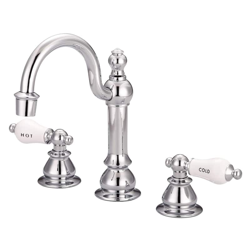 American 20th Century Classic Widespread Lavatory Faucets with Pop-Up Drain in Chrome Finish with Metal Lever Handles - labeled porcelain lever handles