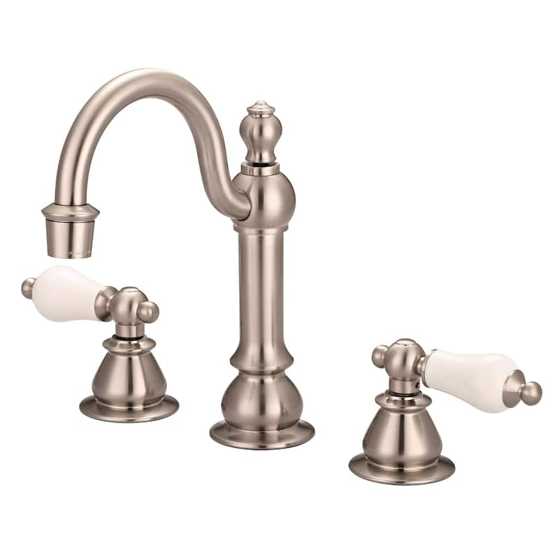 Widespread Lavatory Faucets With Pop-Up Drain in Brushed Nickel Finish With Metal Lever Handles - Porcelain Lever Handles