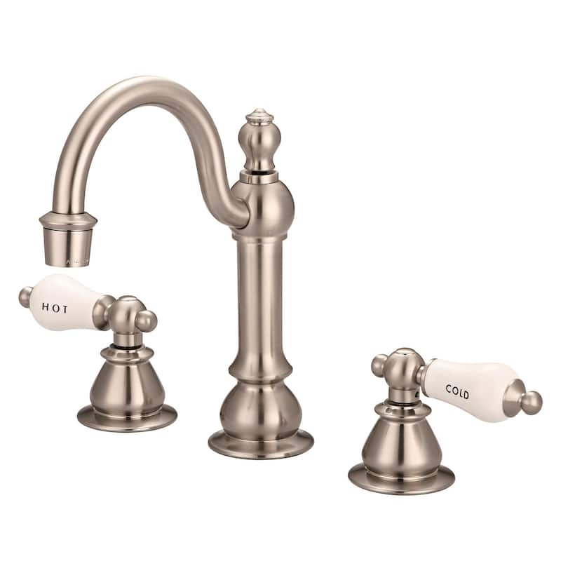 Widespread Lavatory Faucets With Pop-Up Drain in Brushed Nickel Finish With Metal Lever Handles - Hot and Cold labeled porcelain lever handles