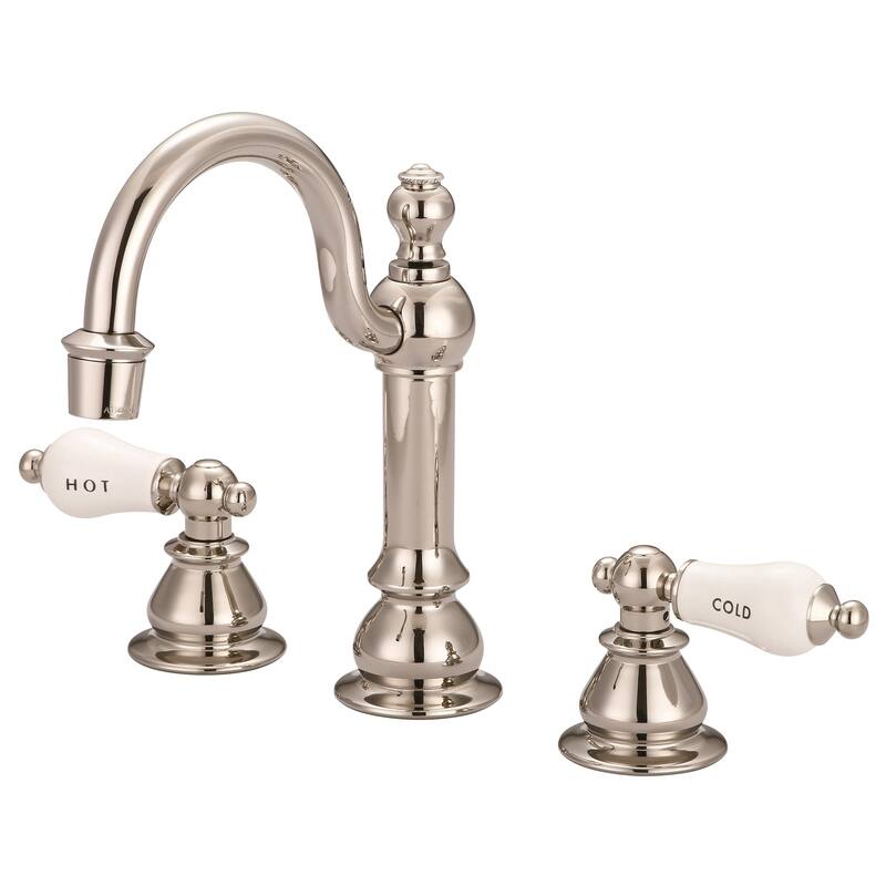Widespread Lavatory Faucets with Pop-Up Drain in Polished Nickel (PVD) Finish with Metal Lever Handles - Hot and Cold labeled porcelain lever handles