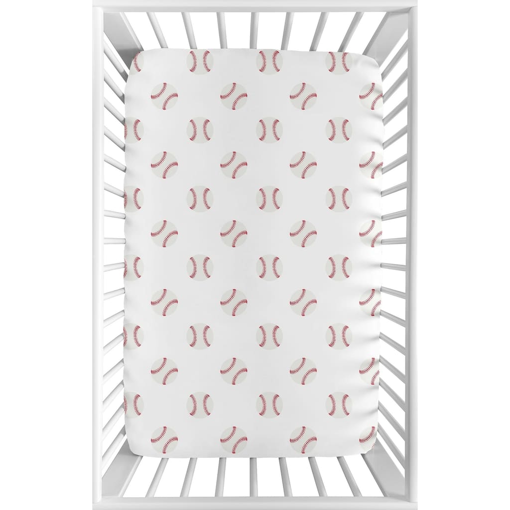 Sweet Jojo Designs Red and White Baseball Patch Sports Collection Fitted Mini Portable Crib Sheet