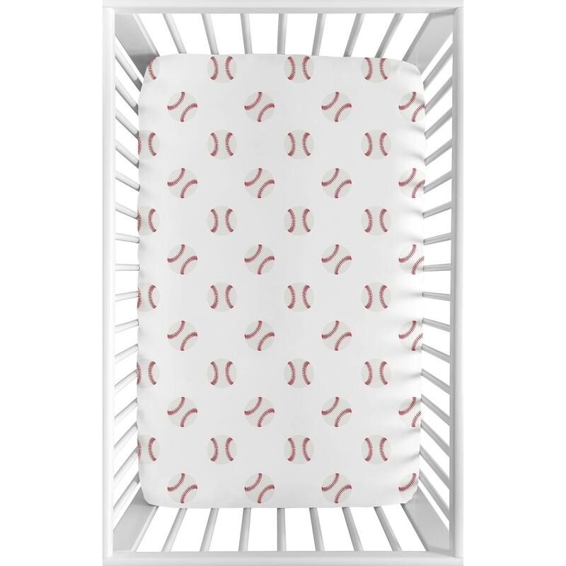 Sweet Jojo Designs Red and White Baseball Patch Sports Collection Fitted Mini Portable Crib Sheet