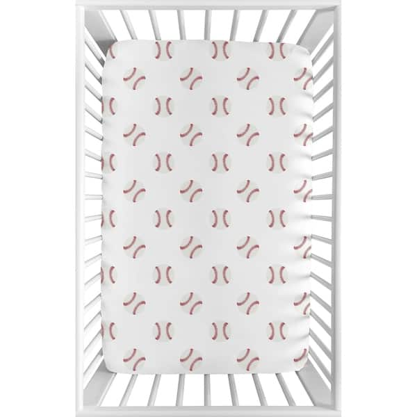 slide 2 of 3, Sweet Jojo Designs Red and White Baseball Patch Sports Collection Fitted Mini Portable Crib Sheet