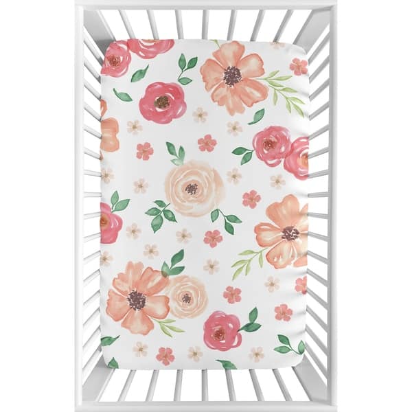 slide 2 of 3, Sweet Jojo Designs Peach and Green Watercolor Floral Collection Fitted Mini Portable Crib Sheet