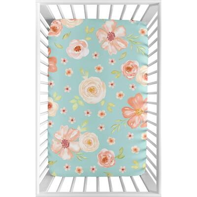Sweet Jojo Designs Turquoise and Peach Watercolor Floral Collection Fitted Mini Portable Crib Sheet