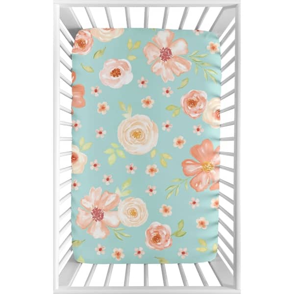 slide 2 of 3, Sweet Jojo Designs Turquoise and Peach Watercolor Floral Collection Fitted Mini Portable Crib Sheet