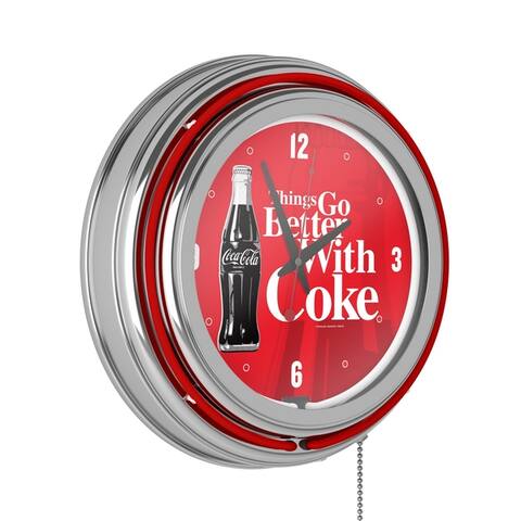 Coke Chrome Double Rung Neon Clock - Coca-Cola Things Go Better with Coke Bottle Art - Red - Things Go Better