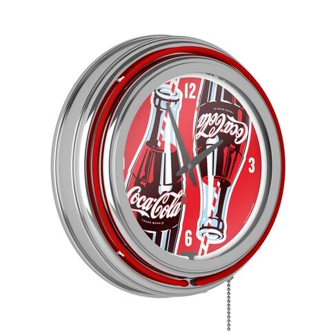 Coke Chrome Double Rung Neon Clock - Coca-Cola Twin Bottles with Straw Bottle Art - Red - Twin Bottles
