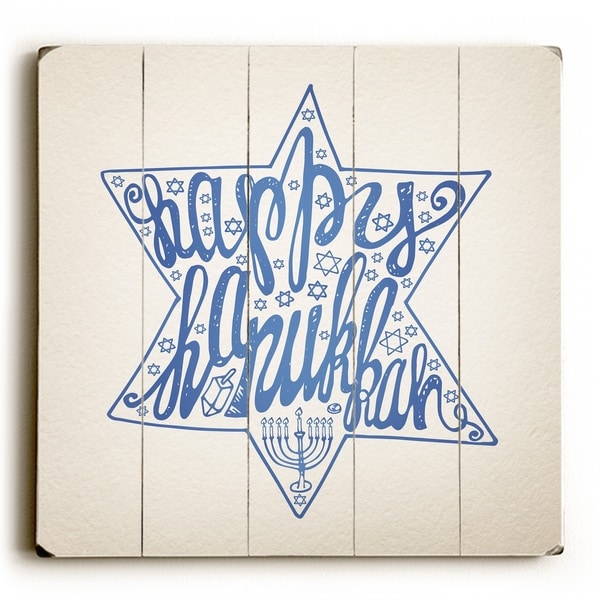 Happy Hanukkah Star - Tan Planked Wood Wall Decor by OBC