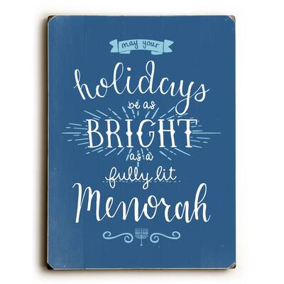 Fully Lit Menorah - Blue 9x12 Solid Wood Wall Decor by OBC - 9 x 12