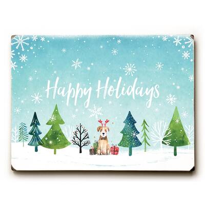 Happy Holidays Watercolor Dog - Blue Multi 9x12 Solid Wood Wall Decor by OBC - 9 x 12