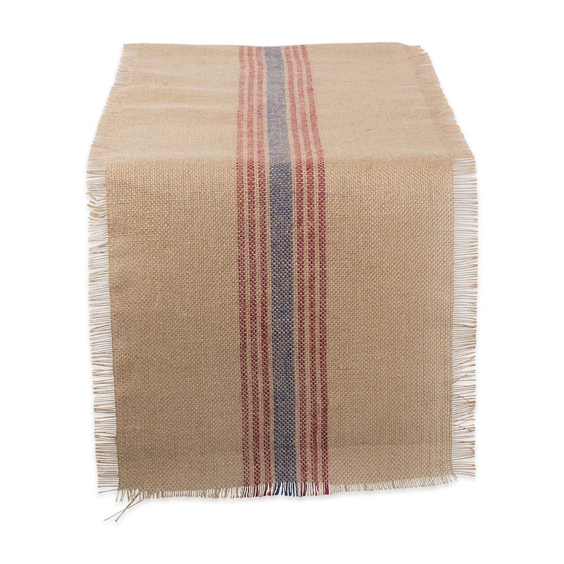Design Imports Jute Burlap Middle Stripe Table Runner - 14x72" - Blue & Red