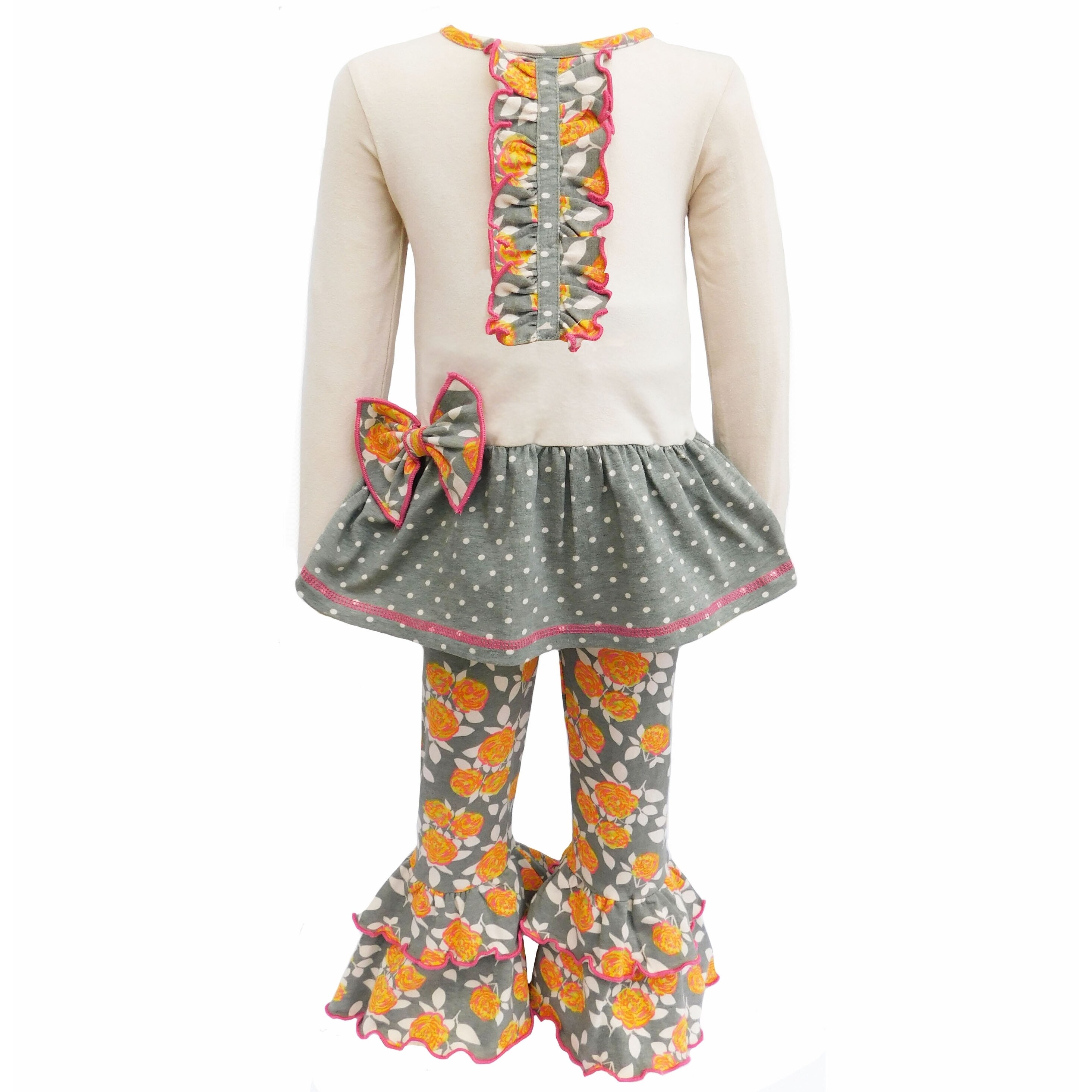 NEW Boutique Girls Yellow Floral Ruffle Tunic Dress Striped Leggings Outfit Set