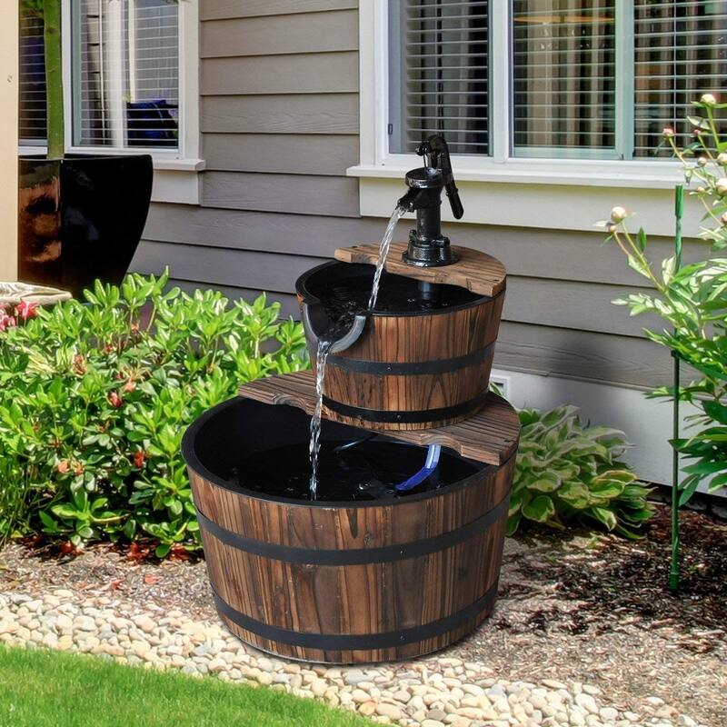 Outsunny Accent Two-Tier Rustic Wooden Barrel Fountain