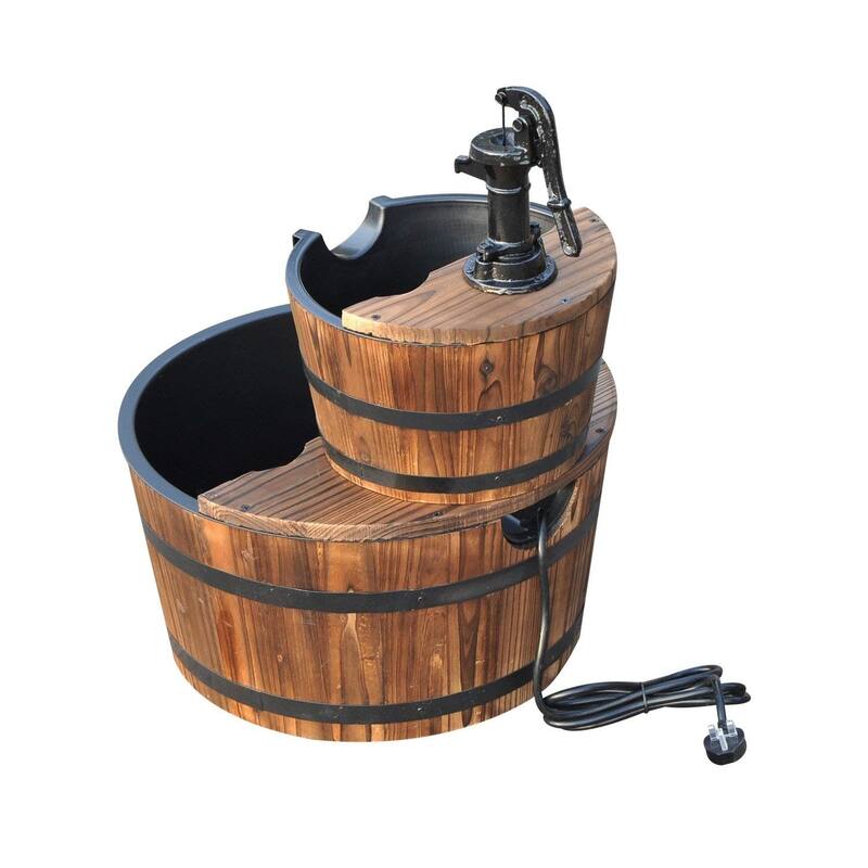 Outsunny Accent Two-Tier Rustic Wooden Barrel Fountain