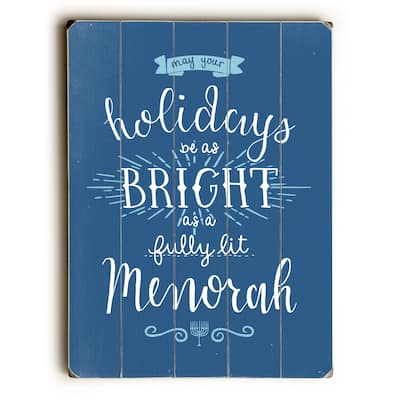 Fully Lit Menorah - Blue Planked Wood Wall Decor by OBC