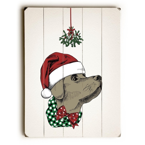 Mistletoe Christmas Dog - Tan Planked Wood Wall Decor by OBC