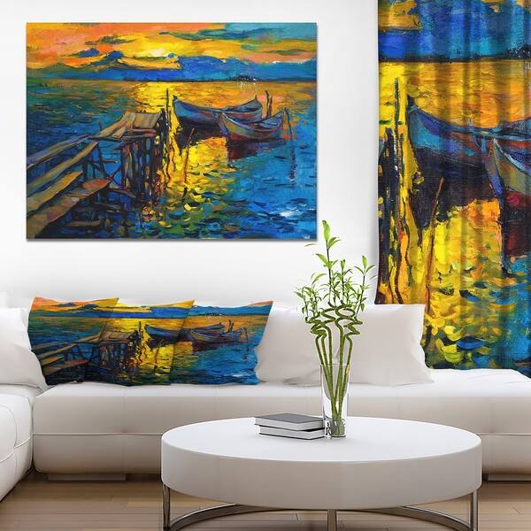 Designart Boats And Pier Nautical Painting Print On Wrapped Canvas Overstock 22397011