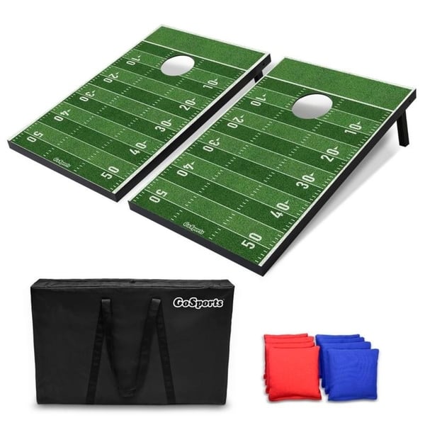 slide 2 of 5, GoSports Football Cornhole Set | Customize with Your Team's Decals | Includes 2 Boards, 8 Bean Bags & Case - Green - 3' x 2'