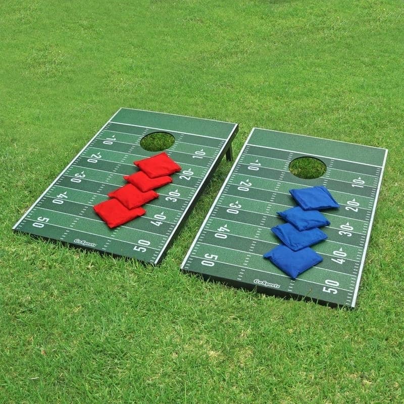 GoSports Football Cornhole Set | Customize with Your Team's Decals | Includes 2 Boards, 8 Bean Bags & Case - Green - 3' x 2'