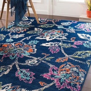 Micaela Navy Floral Area Rug - 6'7" x 9'6"