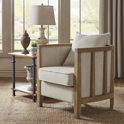 Rumi Exposed Wood Beige Linen Barrel Accent Chair by iNSPIRE Q Artisan