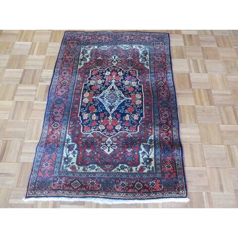 Hand Knotted Red/Navy Blue Fine Kashan with Wool Oriental Rug - 2'5" x 3'10"