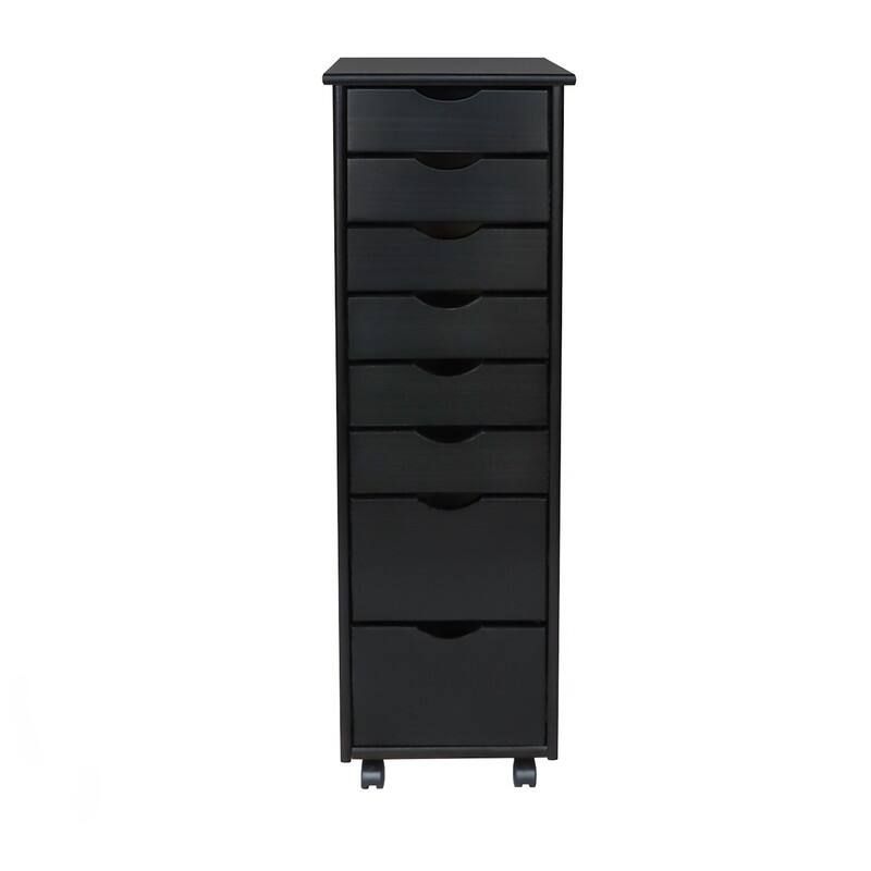 Adeptus Original Roll Cart, Solid Wood, 6 Plus 2 Drawer Narrow Roll Cart, Black