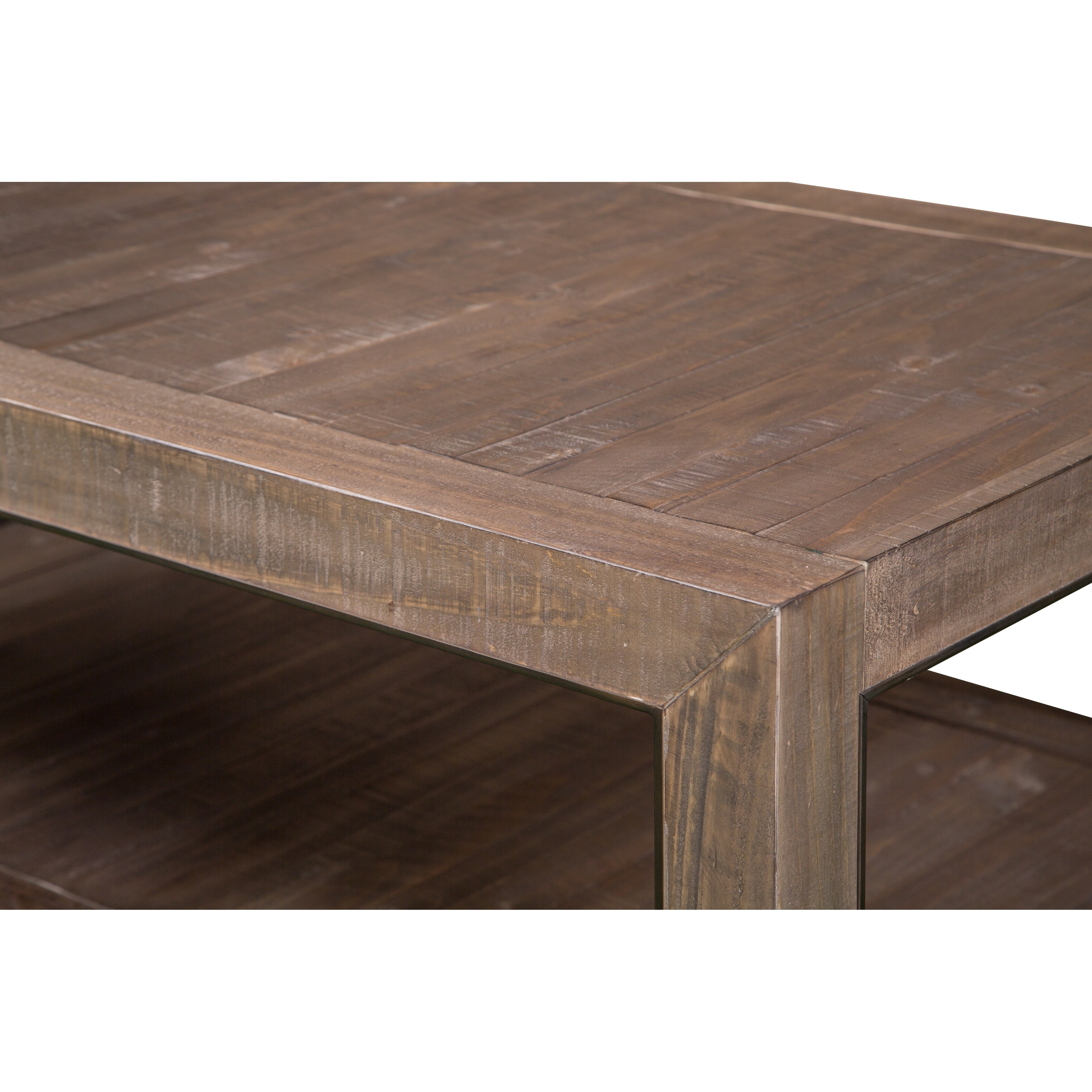 Close-up view of the textured wood grain and corner construction of the Pebblestone Sofa Table.