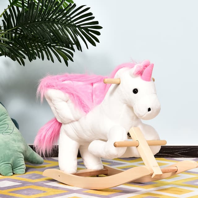 Qaba Kids Wooden Plush RideOn Unicorn Rocking Horse Chair Toy with