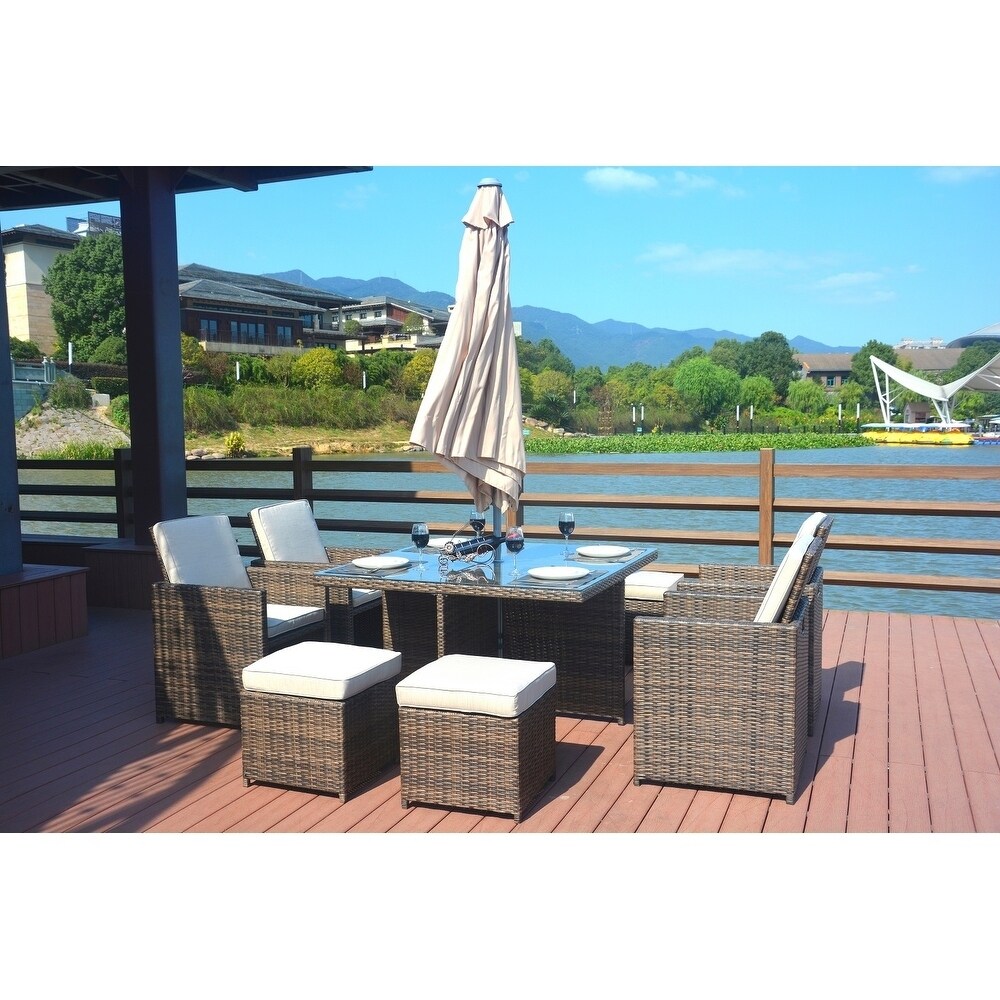 Shop Black Friday Deals On Cubo 10 Piece Cube Brown Wicker Patio Dining Set With 9 8 Ft Market Umbrella And Base By Direct Wicker Overstock 22411166