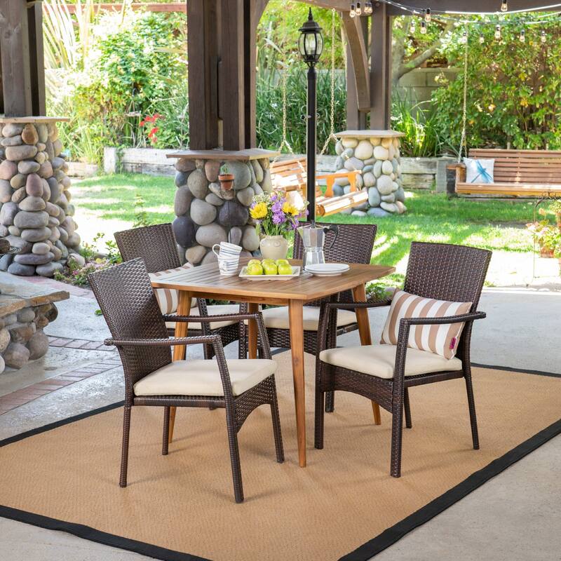 Marias Outdoor 5 Piece Wood and Wicker Dining Set by Christopher Knight Home - Brown