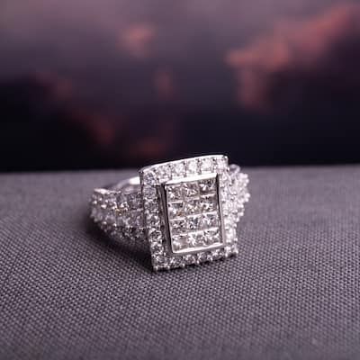 Miadora Signature Collection 14k White Gold 2ct TDW Princess and Round-Cut Diamond 3-Row Double Composite Halo Engagement Ring
