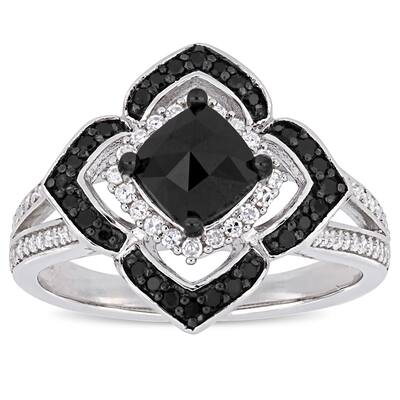 Miadora Signature Collection Sterling Silver 1 2/5ct TDW Black and White Diamond Floral Halo Split Shank Ring