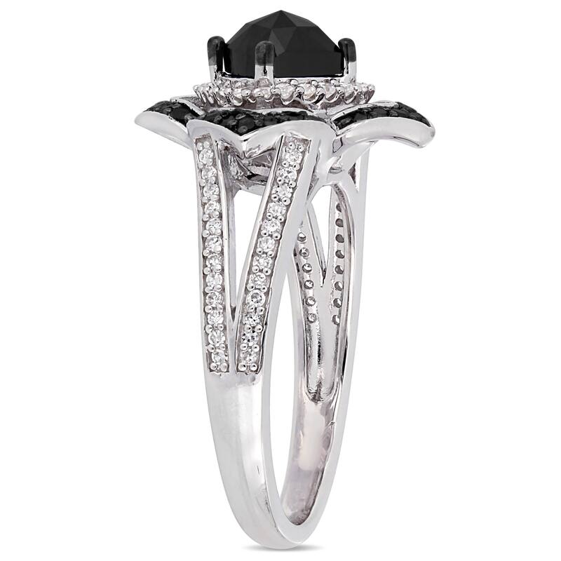 Miadora Signature Collection Sterling Silver 1 2/5ct TDW Black and White Diamond Floral Halo Split Shank Ring